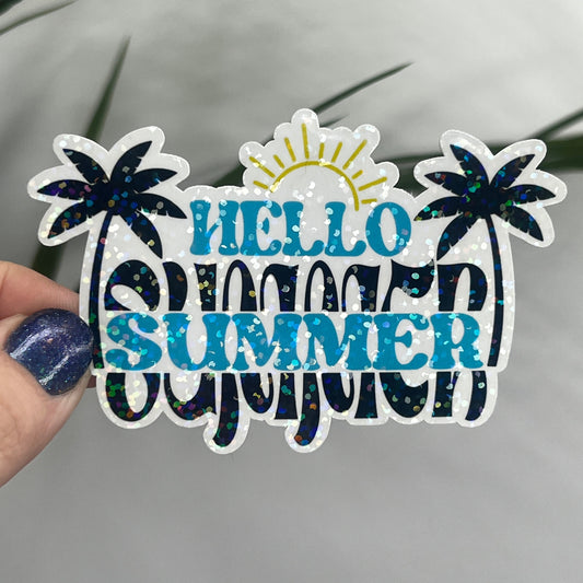 Hello Summer Retro Holographic Sparkly Sticker Beach Life Decal Boating Sticker Summer Vacation Ocean Life Sticker Family Cruise