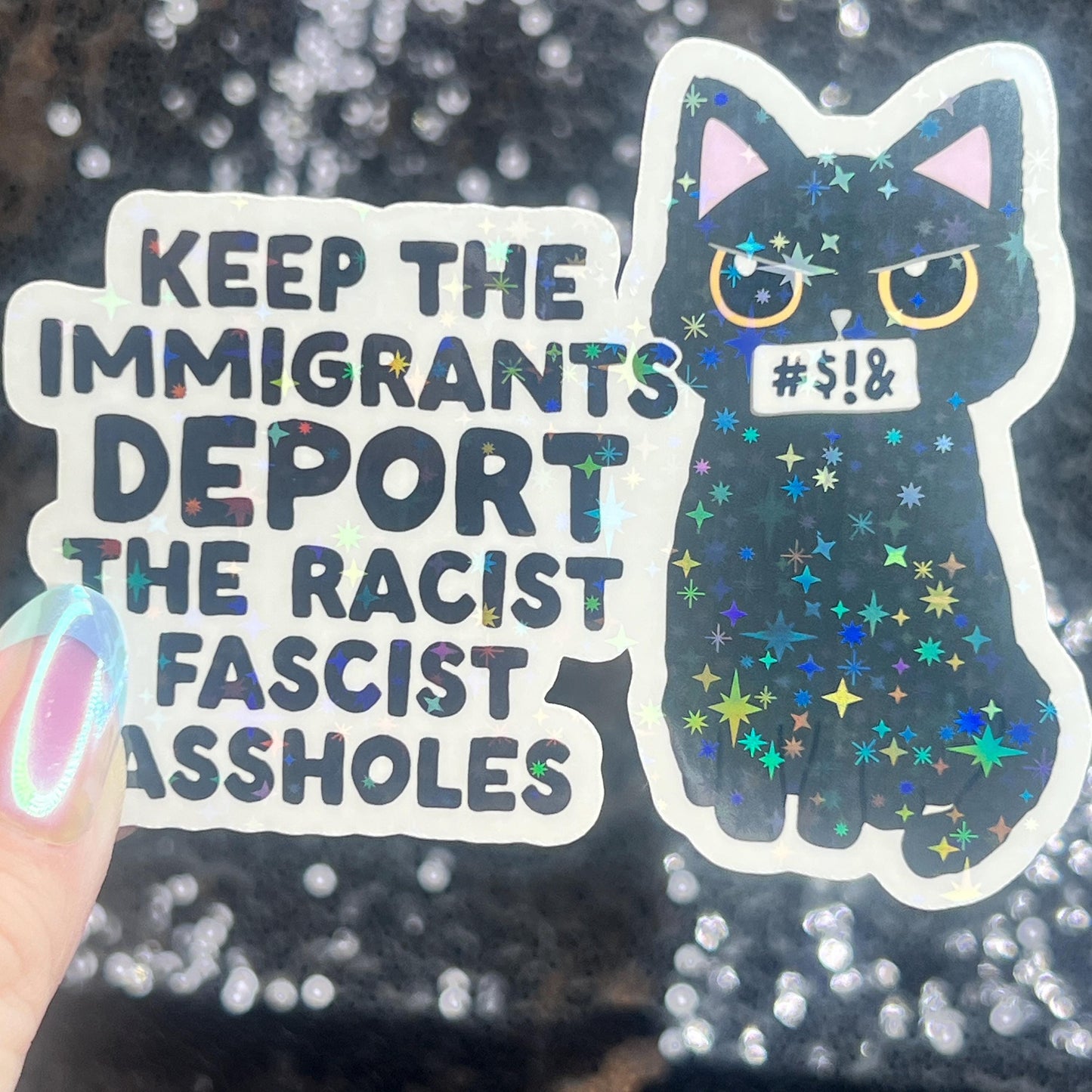 Keep The Immigrants Deport the Racist Facist Aholes Sparkly Cat Holographic Sticker F Trump Decal Democrat Liberal Feminist Sticker