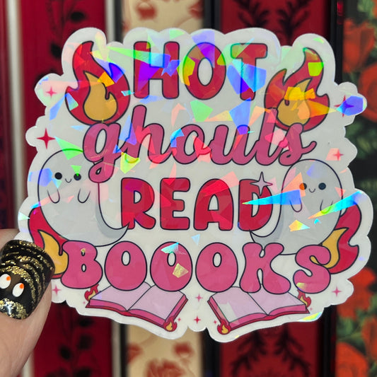 Hot Ghouls Read Books Spooky Pink Halloween Holographic Sticker Sparkly Decal, Spicy Dark Romance kindle waterbottle laptop Bookish Present