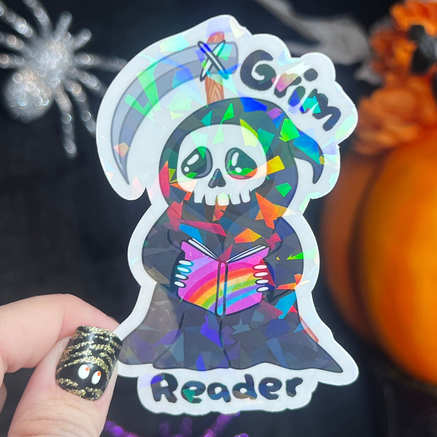 Grim Reader Reaper Halloween Holographic Sticker Halloween Kindle Decal Spooky Fall Reader Gift Bookish Decal