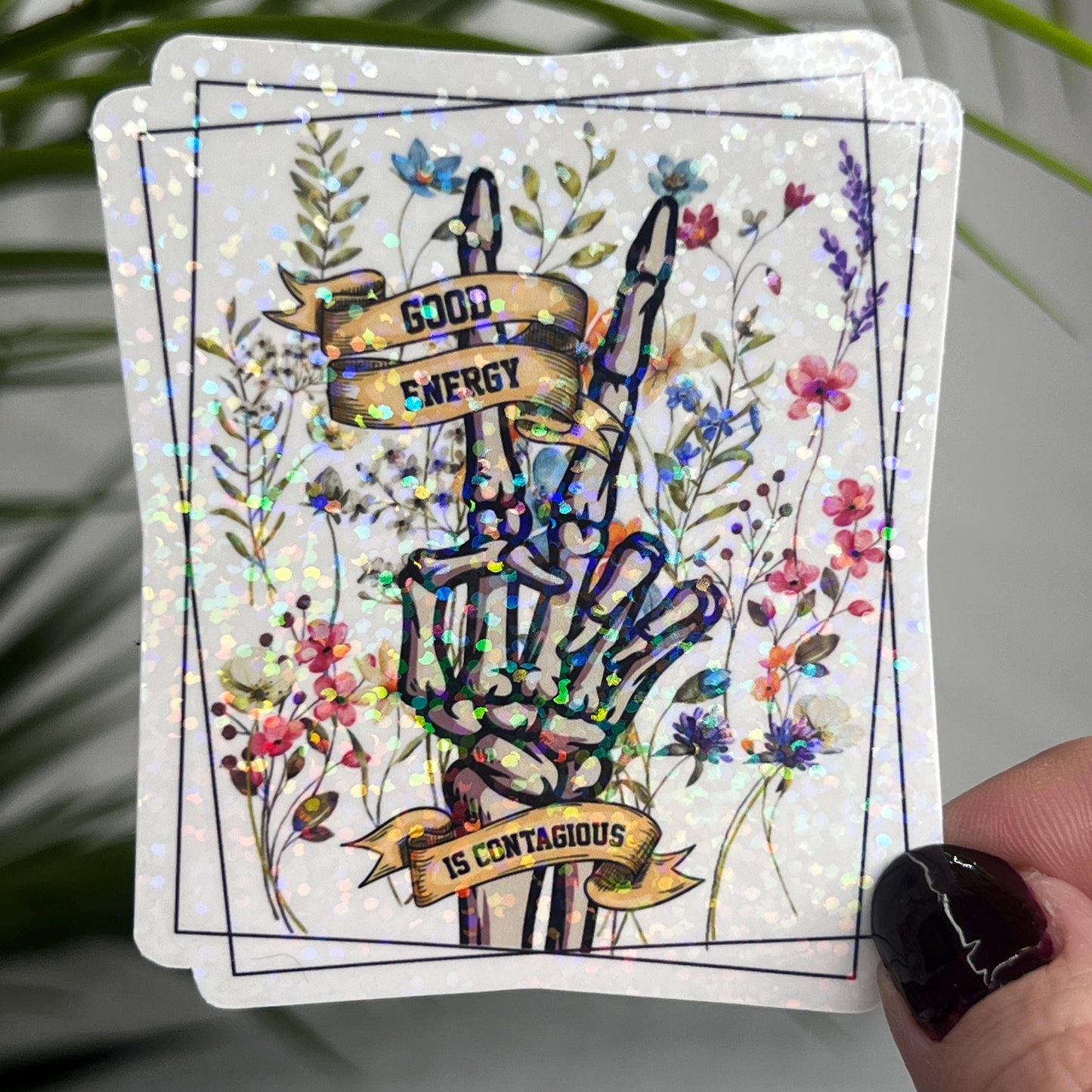 Good Energy is Contagious Holographic Sticker 3 Inch Self-Love Affirmation with Makeup Compact Design for Mental Health Awareness