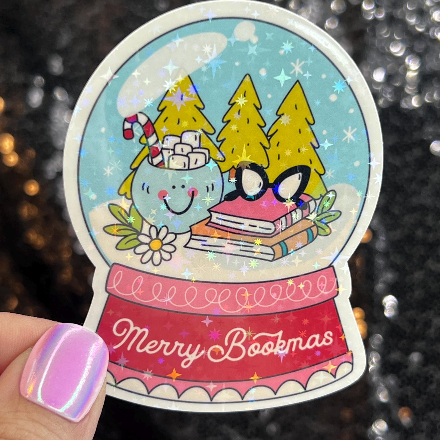 Merry Bookmas Snowglobe Holographic Sticker, Xmas Bookish Kindle Sticker Reader Decal Book Lover Christmas Gift Book Club Stocking Stuffer
