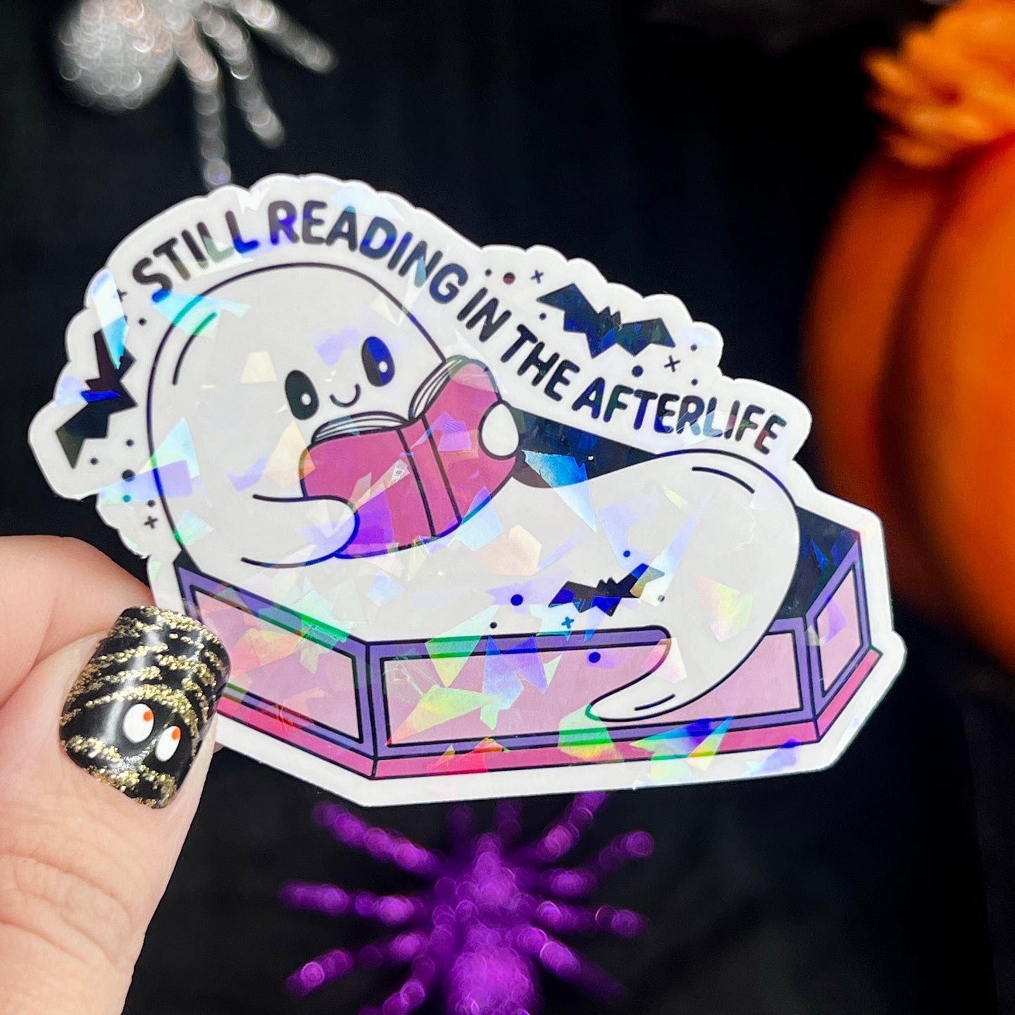 Still Reading In the Afterlife Ghost Coffin Holographic Sticker Halloween Kindle Decal Spooky Season Reader Gift Book Club