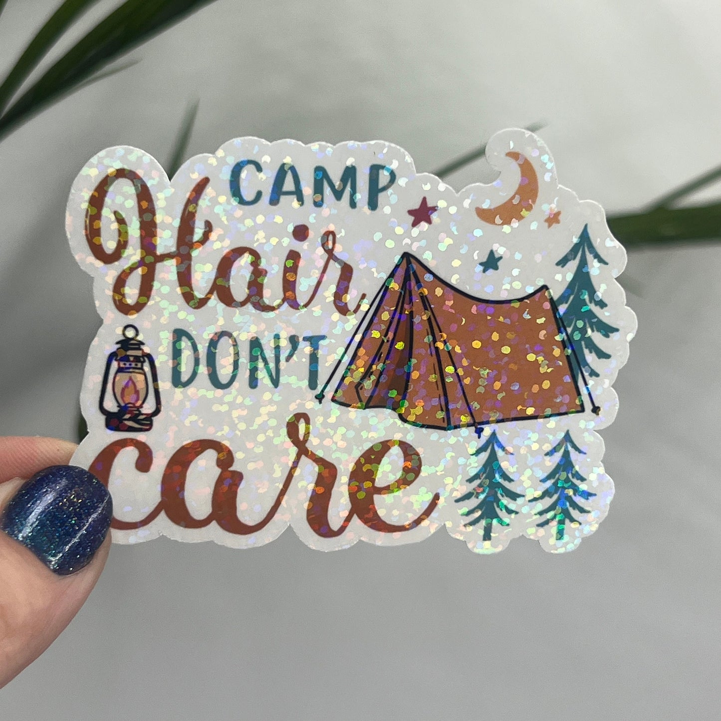 Camp Hair Don’t Care Holographic Sparkly Sticker Adventure Sticker RV Sticker Outdoor Decal Nature Sticker Travel Hiking Backpacking