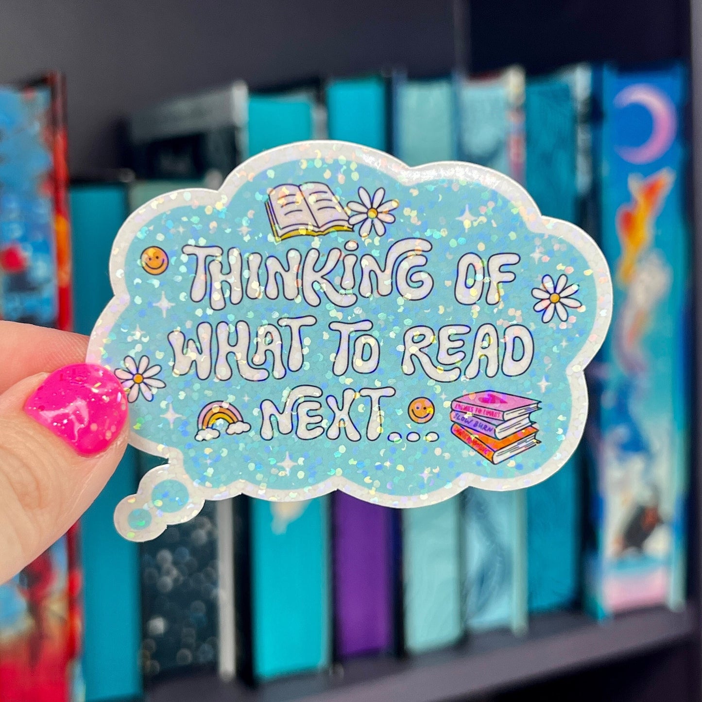 Blue Holographic Sticker | "Thinking About What to Read Next" | Book Lover Gift | Water-Resistant Vinyl | Reader Thought Bubble Sticker