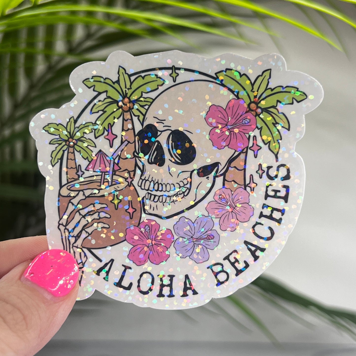 Aloha Beaches Skeleton Summer Holographic Sparkly Sticker Beach Life Decal Boating Sticker Summer Vacation Ocean Life Sticker