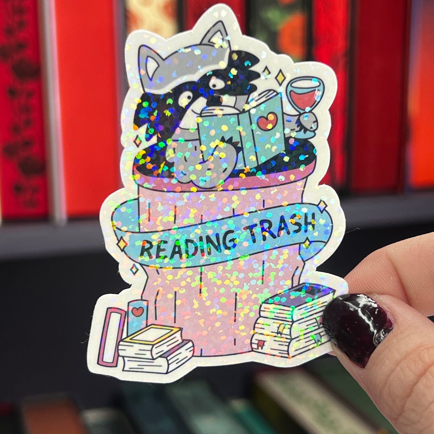 Reading Trash Raccoon Holographic Sticker, Spicy Dark Romance, Booktok, kindle waterbottle laptop stickers Smut decal Funny Reader Bookish c