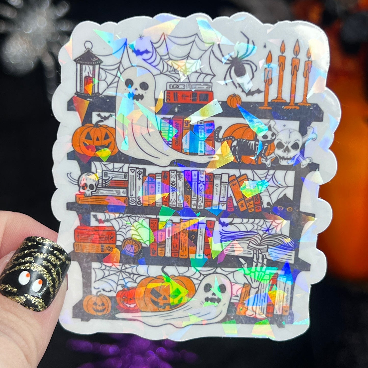 Spooky Ghost Halloween Bookshelf Holographic Sticker Halloween Kindle Decal Spooky Fall Reader Gift Bookish Decal