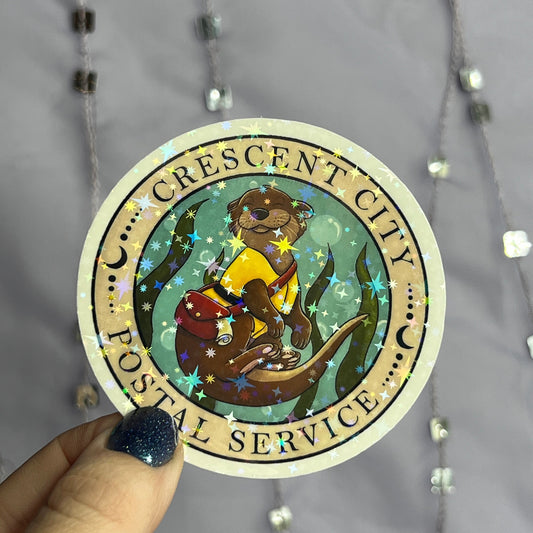 Crescent City River Otter Postal Service Holographic Sticker, HOSAB HOEAB Decal, SJM laptop waterproof sticker bookish Waterbottle decal