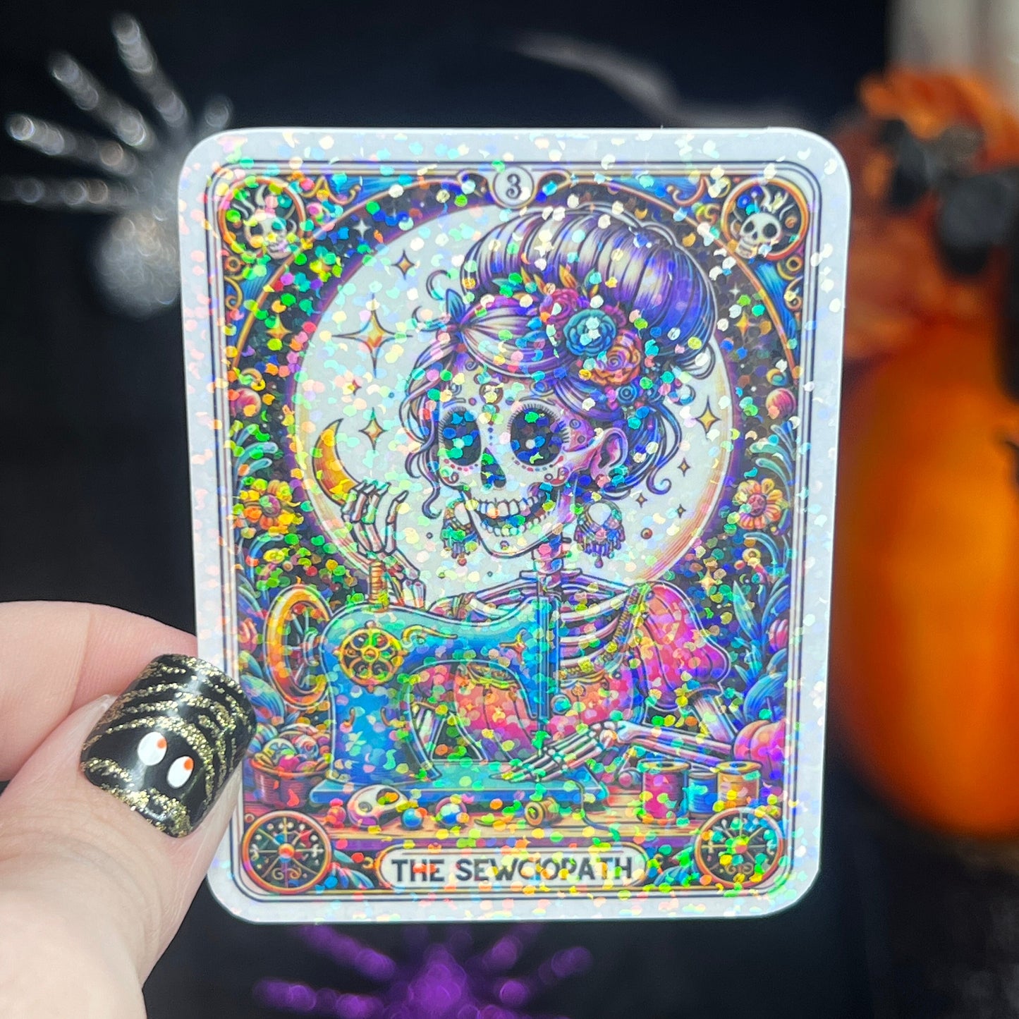 The Sewciopath skeleton holographic sticker thimble quilting sticker quilter Halloween decal sewing machine sticker cross stitch sticker