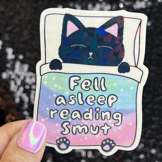 Fell Asleep Reading Smut Sparkly Sticker Holographic Book Book Lover, Spicy Dark Romance, Booktok, kindle waterbottle laptop Romance Decal