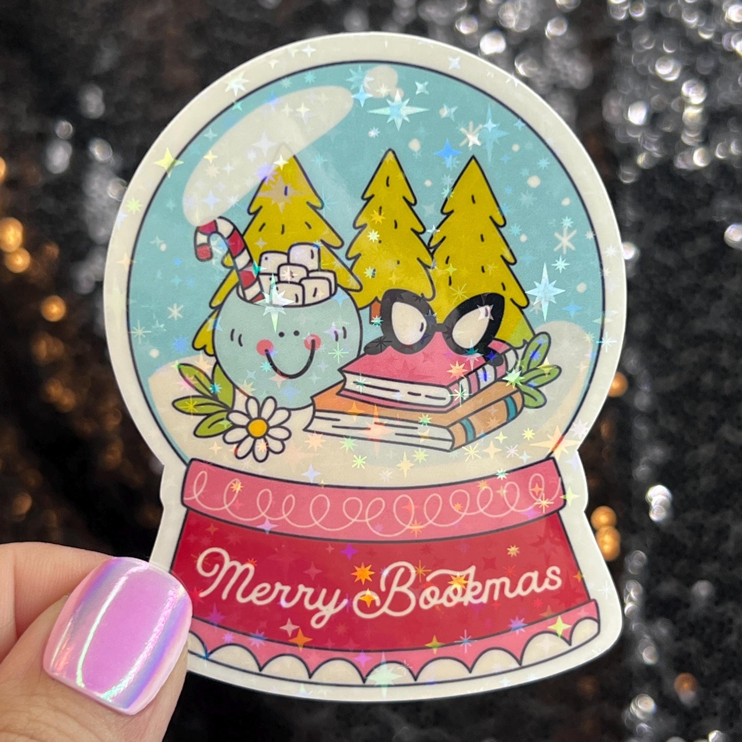 Merry Bookmas Snowglobe Holographic Sticker, Xmas Bookish Kindle Sticker Reader Decal Book Lover Christmas Gift Book Club Stocking Stuffer