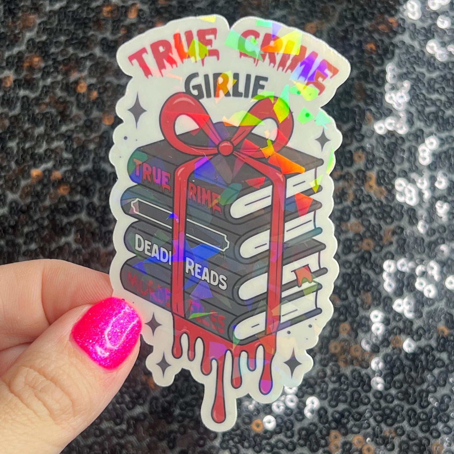 True Crime Girly Bookish Holographic Sticker Decal, Spicy Dark Romance, Horror Bookish kindle laptop Reader Bookish Present Gift