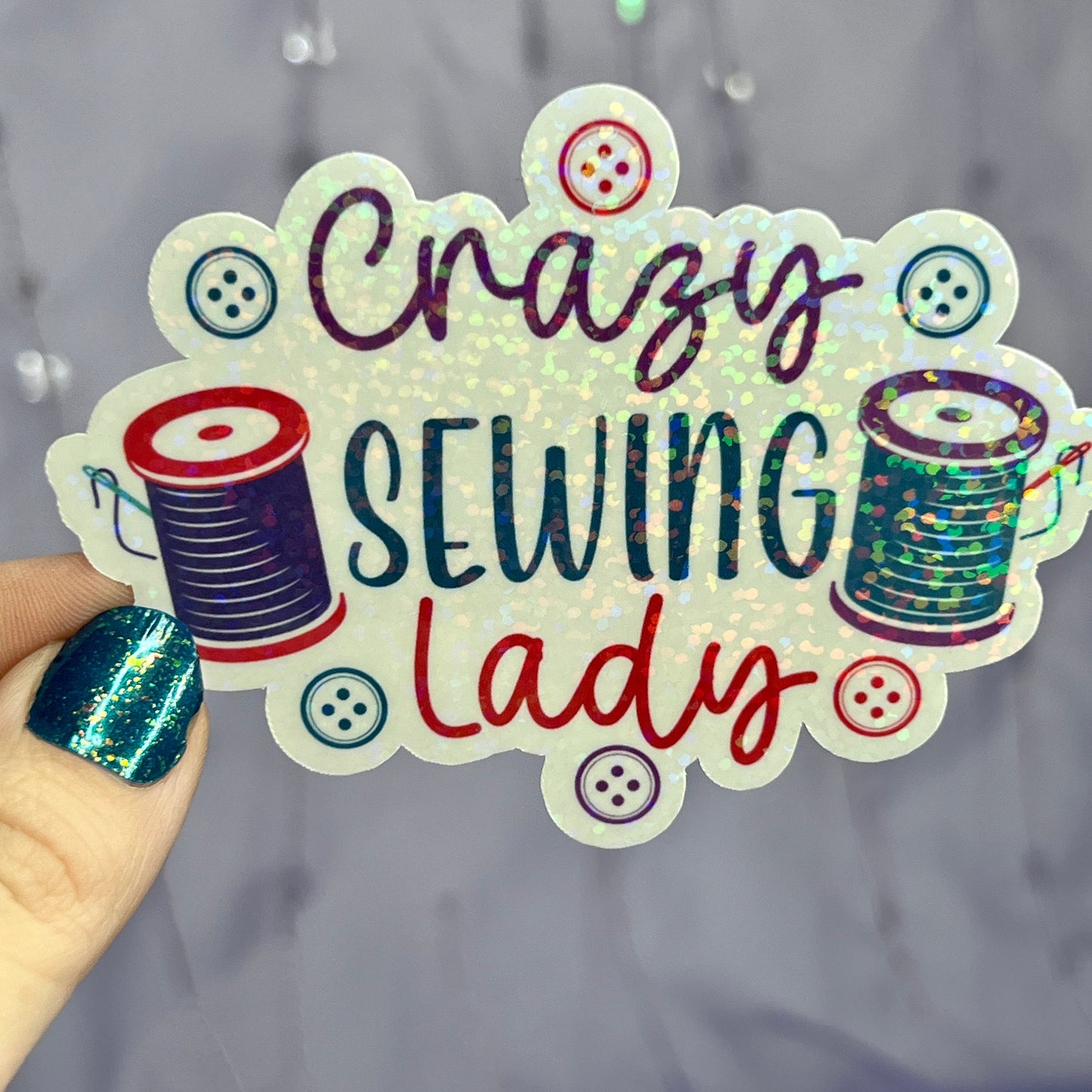 Crazy Sewing Lady Sparkly Holographic Quilting holographic sticker sewing Waterbottle sticker holo sticker Craft Sticker Fabric Decal