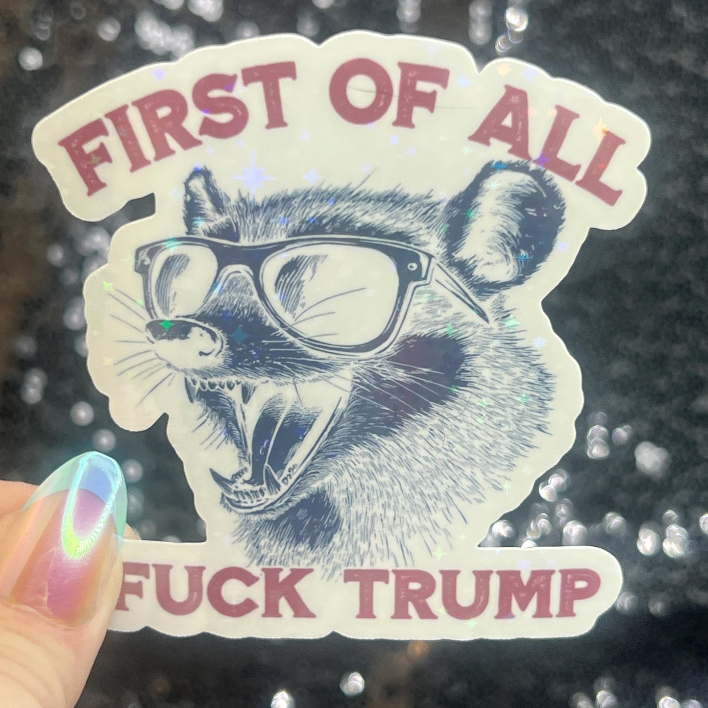 First of All F Trump Possum Sparkly Holographic Sticker F Trump Decal Democrat Liberal Feminist Sticker Human Rights Oligarchy Sticker