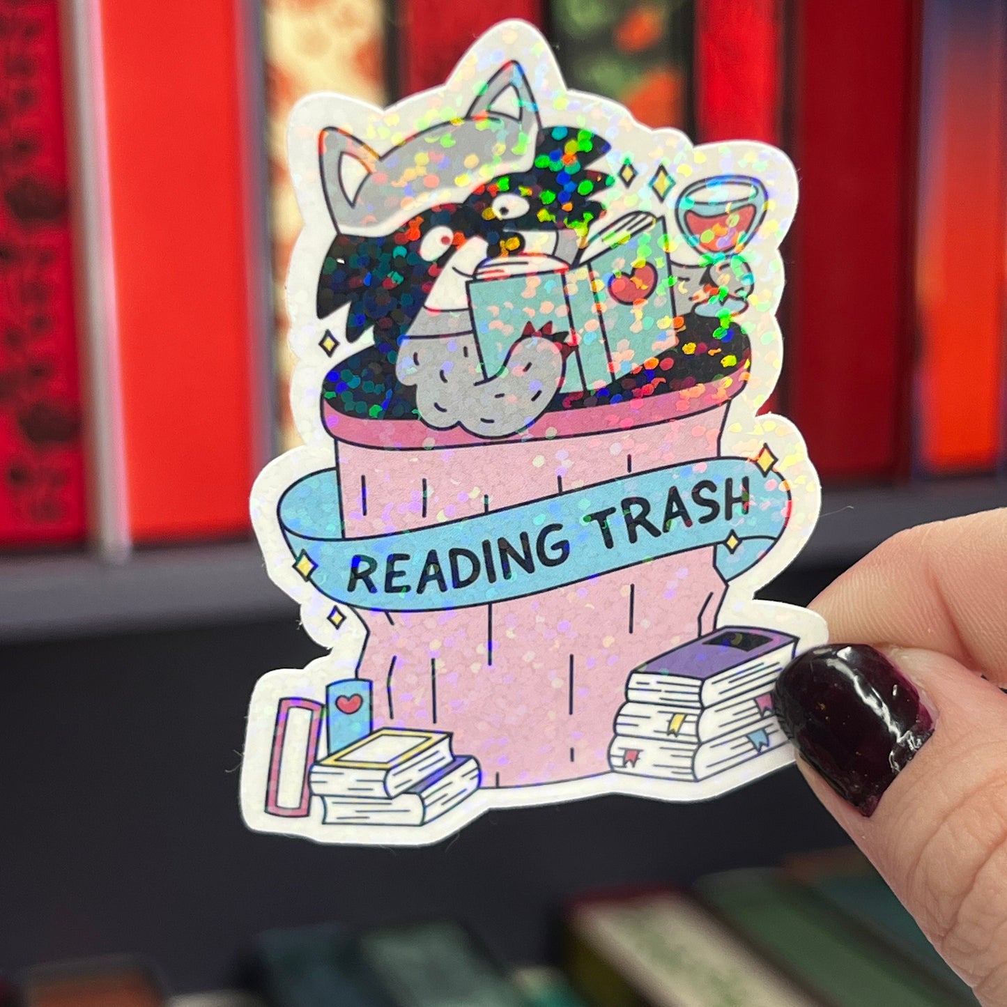 Reading Trash Raccoon Holographic Sticker, Spicy Dark Romance, Booktok, kindle waterbottle laptop stickers Smut decal Funny Reader Bookish c
