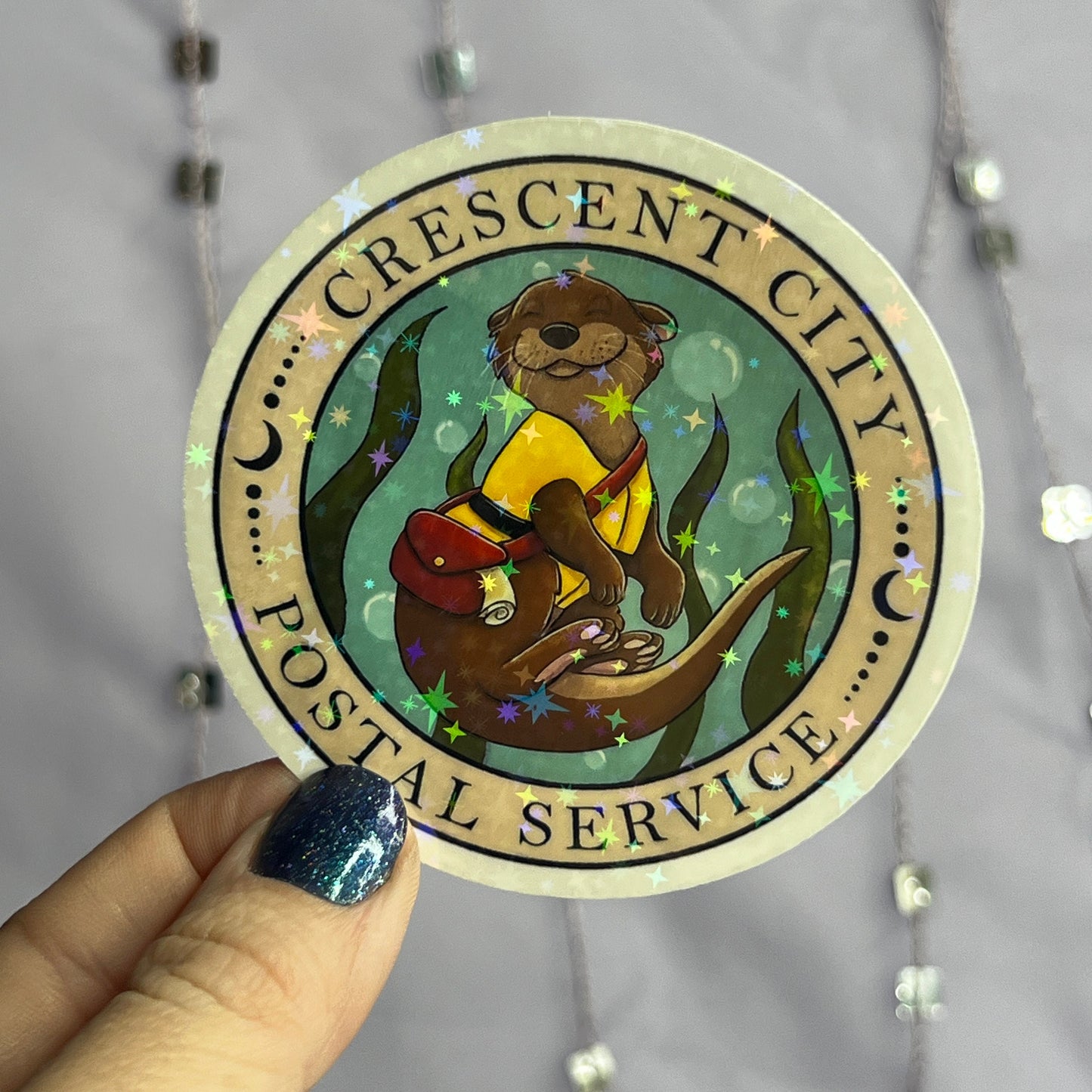 Crescent City River Otter Postal Service Holographic Sticker, HOSAB HOEAB Decal, SJM laptop waterproof sticker bookish Waterbottle decal