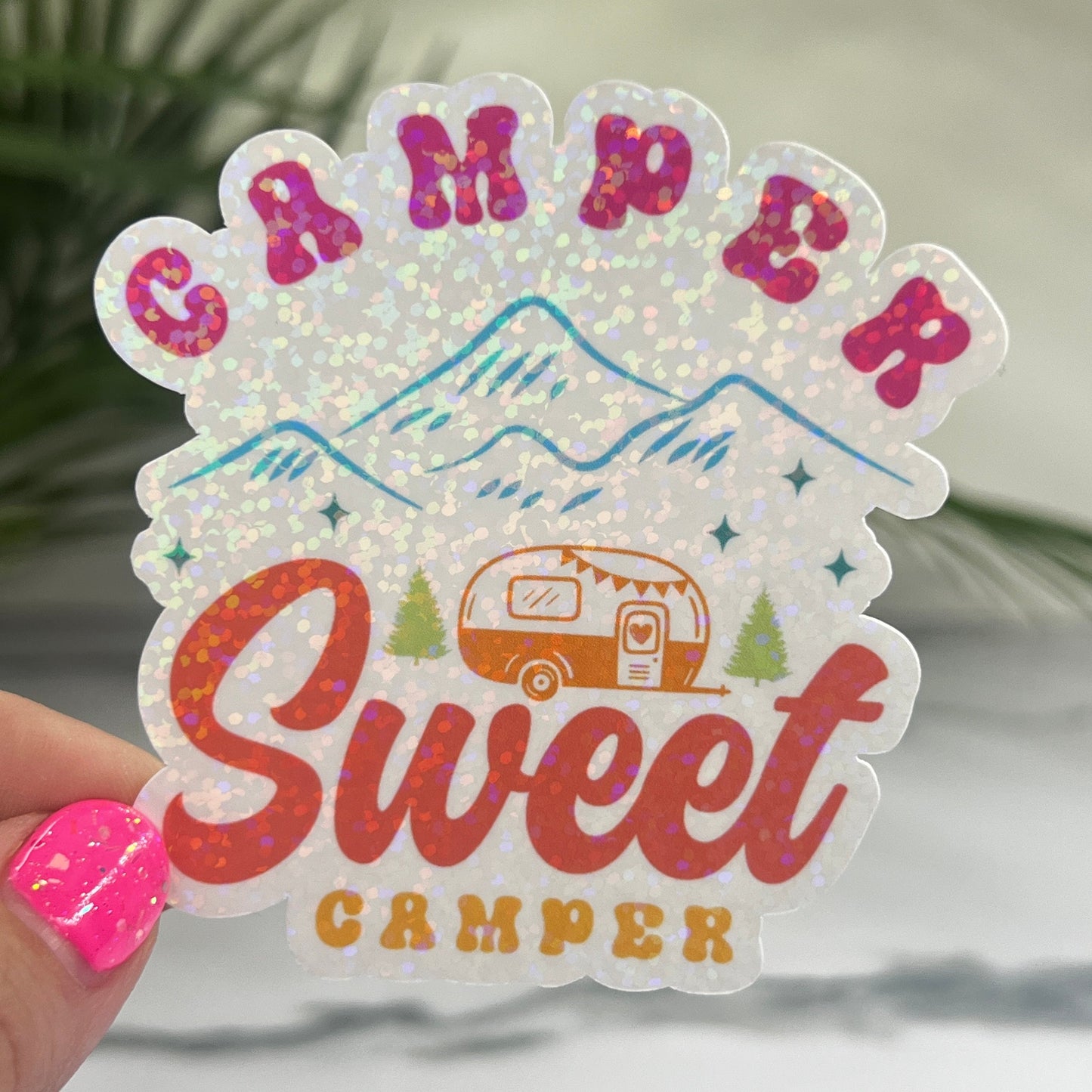Discontinuing Camper Sweet Camper Camping Holographic Sparkly Sticker Adventure RV Outdoor Decal Nature Sticker Travel Hiking Backpacking