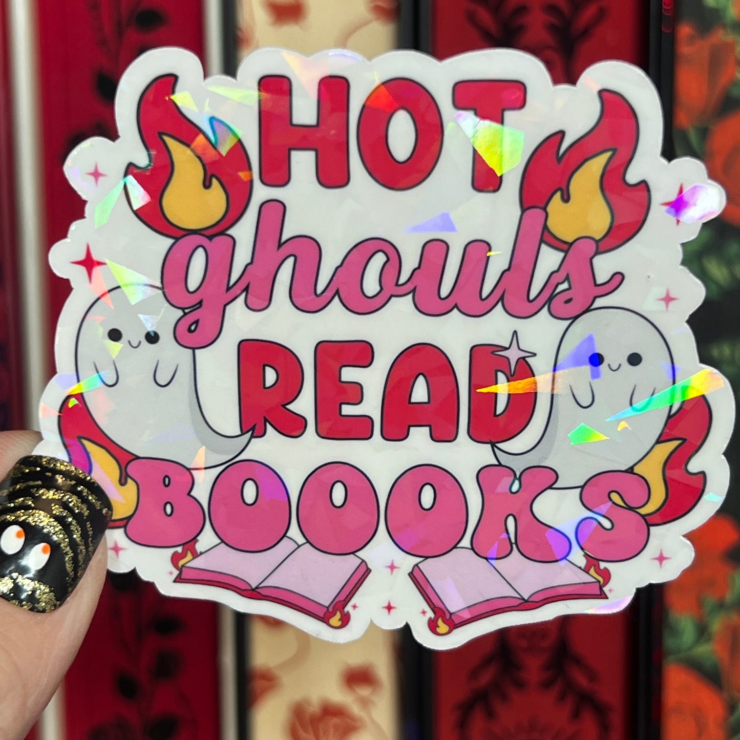 Hot Ghouls Read Books Spooky Pink Halloween Holographic Sticker Sparkly Decal, Spicy Dark Romance kindle waterbottle laptop Bookish Present