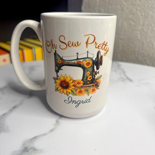 Oh Sew Pretty custom coffee mug, quilting personalize cup, sewing coffee glass, sunflower quilting glass