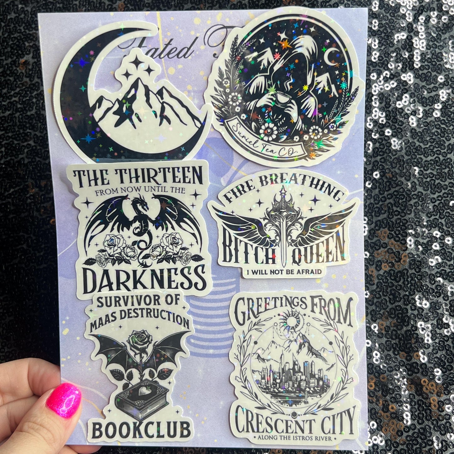SJM Universe Black & white aesthetic mini Holographic Stickers, Booktok stickers kindle, acotar, throne of glass crescent city decals