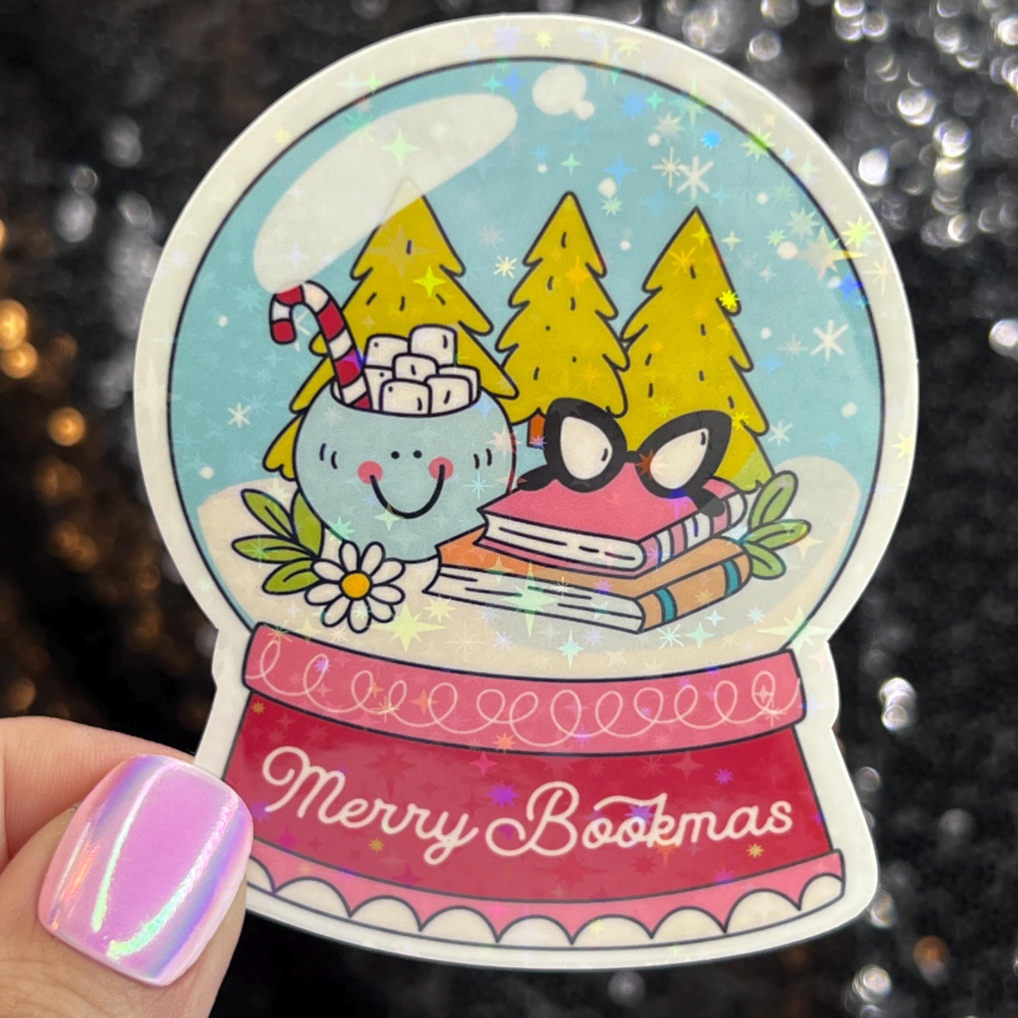Merry Bookmas Snowglobe Holographic Sticker, Xmas Bookish Kindle Sticker Reader Decal Book Lover Christmas Gift Book Club Stocking Stuffer