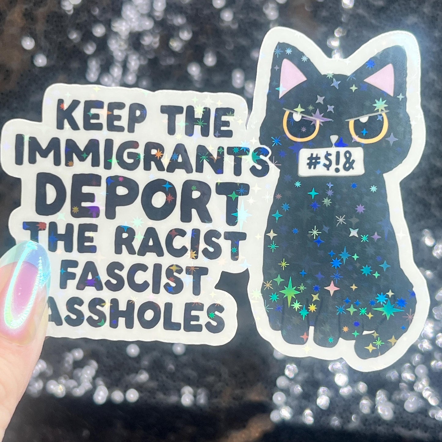 Keep The Immigrants Deport the Racist Facist Aholes Sparkly Cat Holographic Sticker F Trump Decal Democrat Liberal Feminist Sticker