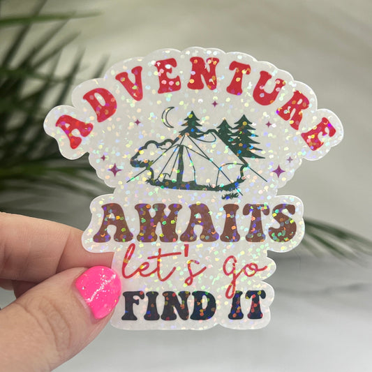 Discontinuing Adventure Awaits Lets Go Find It Camping Holographic Sparkly Sticker Adventure RV Outdoor Decal Nature Sticker Travel Hiking