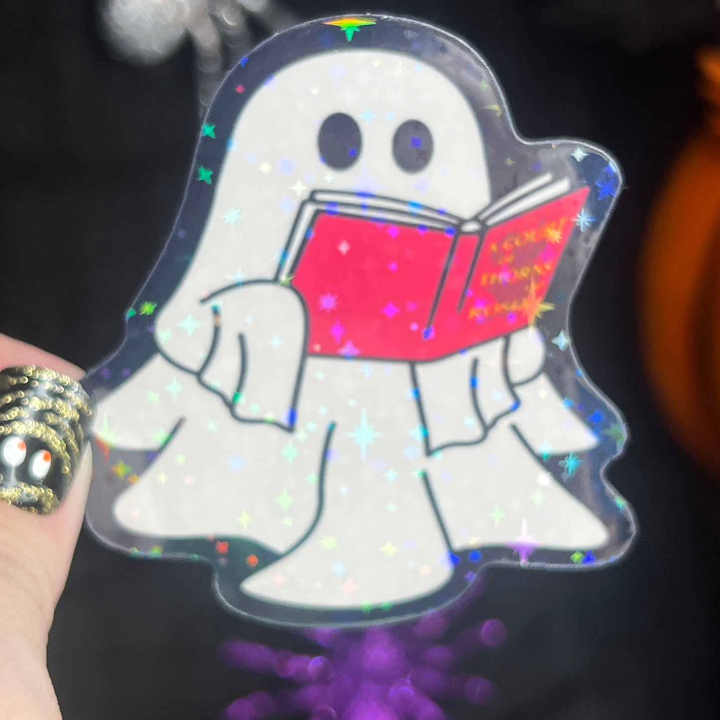 Halloween ACOTAR Ghost Reading Holographic Sticker Sparkly Sticker ACOTAR Decal Kindle Sticker Spicybook Sticker SJM Stickers