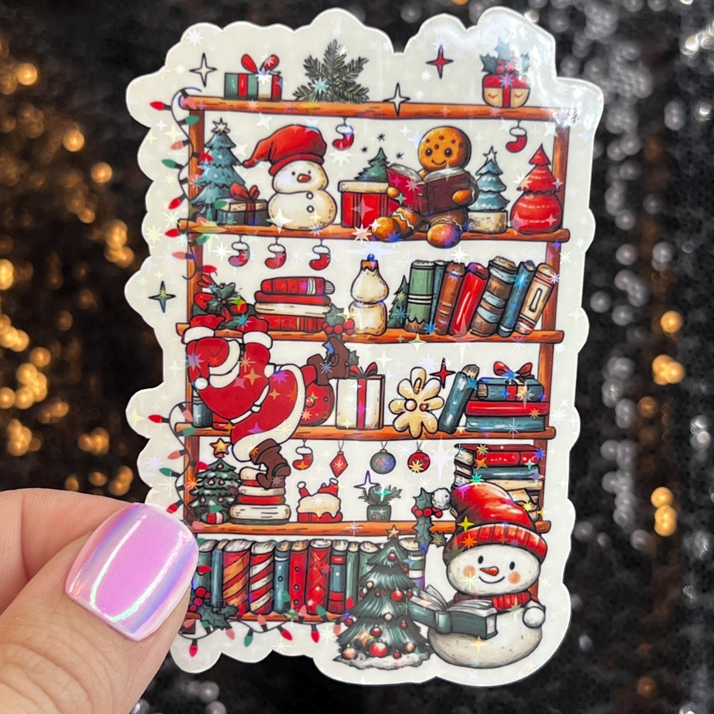 Christmas Bookshelf Santa Snowmen Holographic Sticker, Xmas Bookish Kindle Sticker Reader Decal Book Lover Christmas Gift Book Club