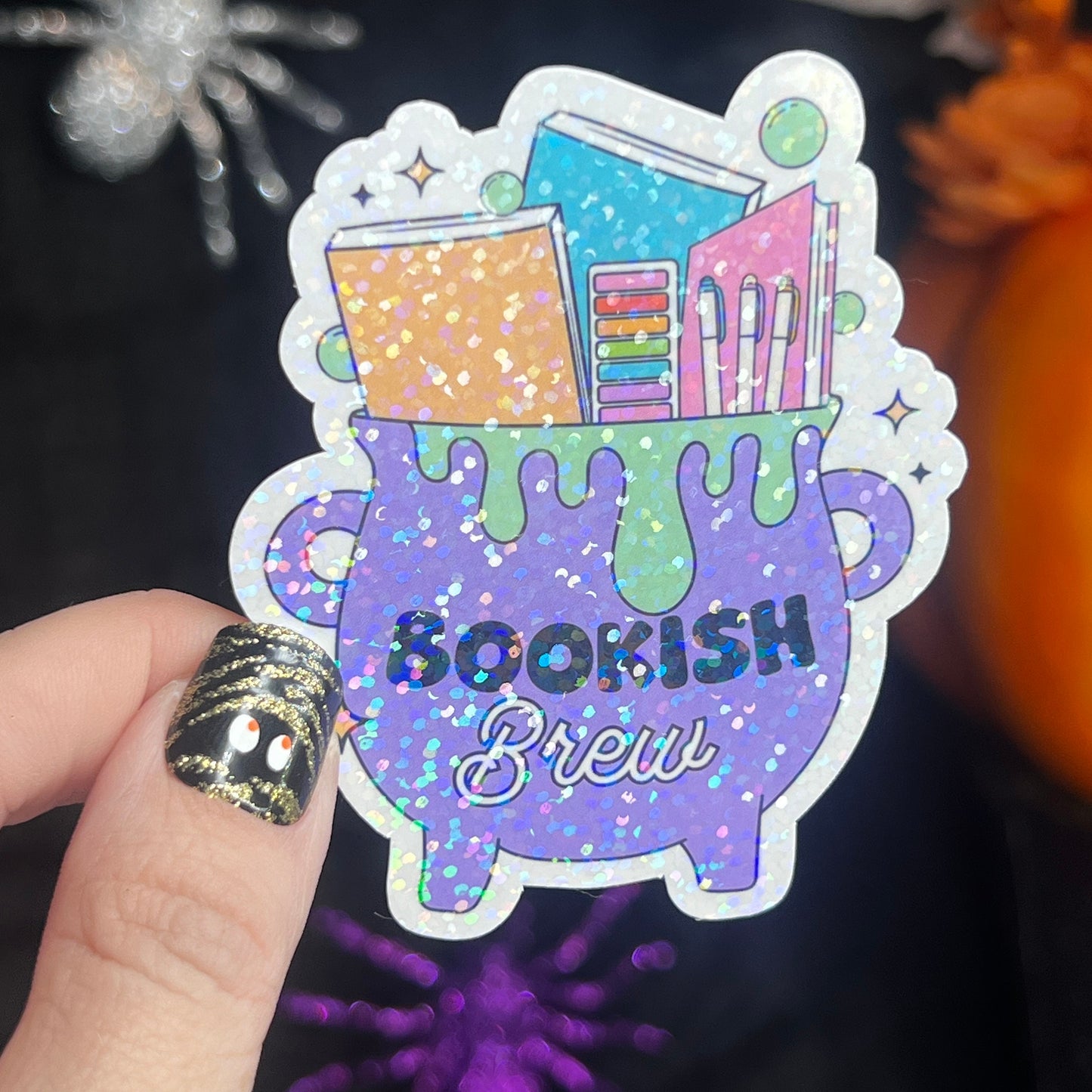 Purple Bookish Cauldron Halloween Bookshelf Holographic Sticker Halloween Kindle Decal Spooky Fall Reader Gift Bookish Decal