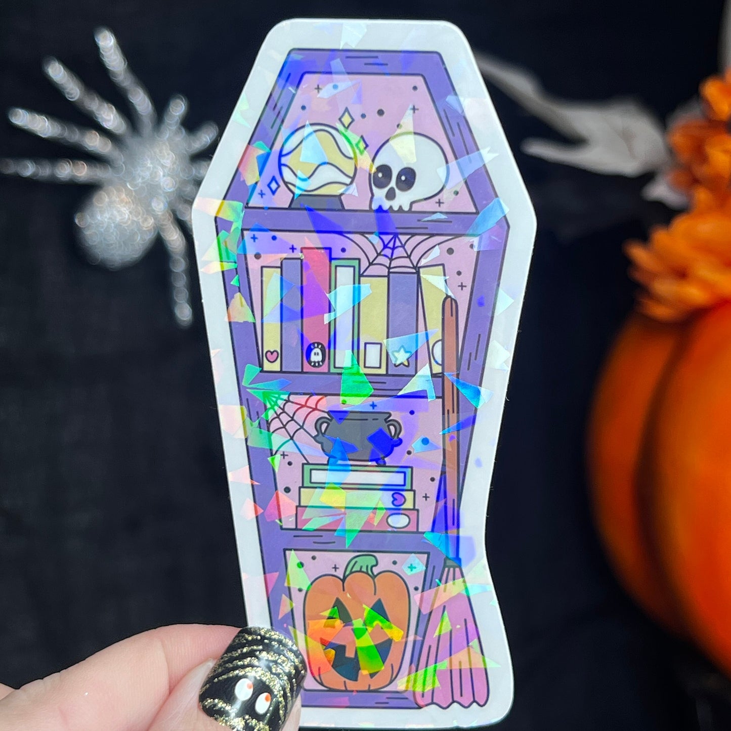 Purple Coffin Halloween Bookshelf Holographic Sticker Halloween Kindle Decal Spooky Fall Reader Gift Bookish Decal