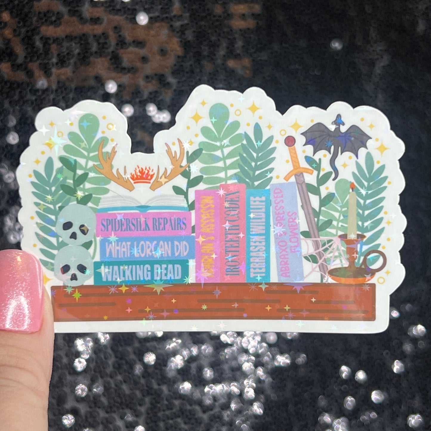 Throne of Glass Bookshelf Holographic Sticker Aelin The Thirteen Tog bottle decal Manon TOG laptop Kindle sticker Fireheart Dragon Wyvern