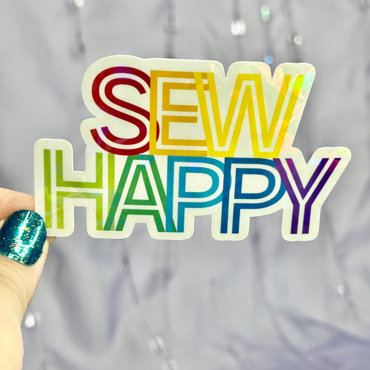 Sew Happy Rainbow Sparkly Holographic Quilting Sticker sewing Waterbottle sticker Craft Sticker Fabric Decal Cross Stitch Sticker