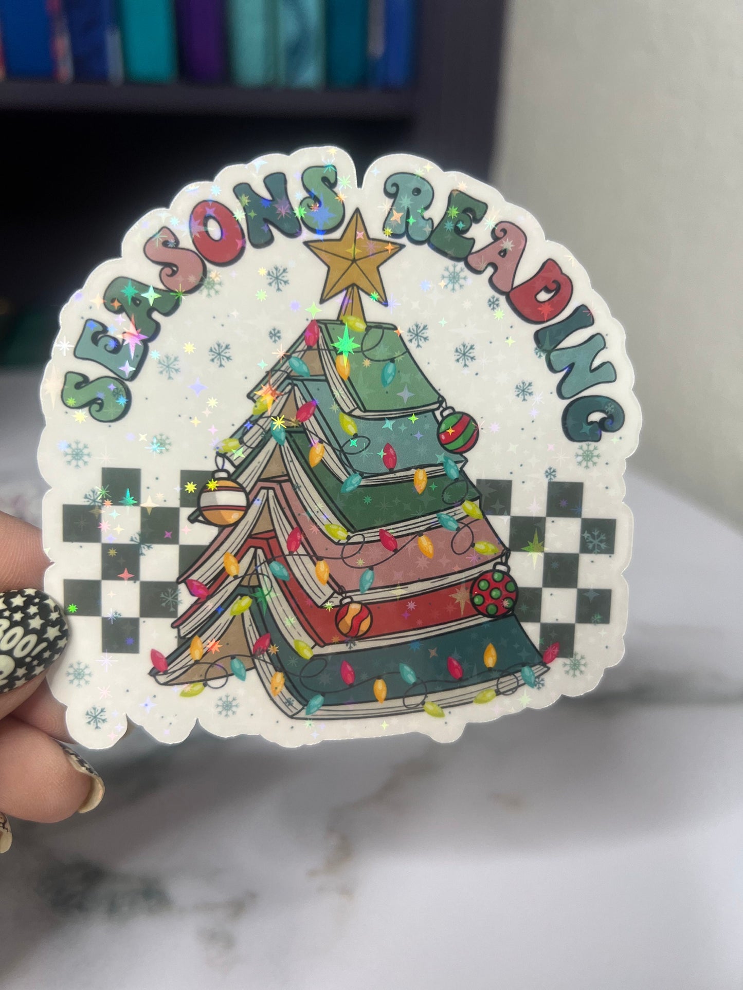 Christmas Seasons Greetings Holographic Sticker, Xmas Bookish Kindle Sticker Reader Decal Book Lover Christmas Gift Book Club Gift