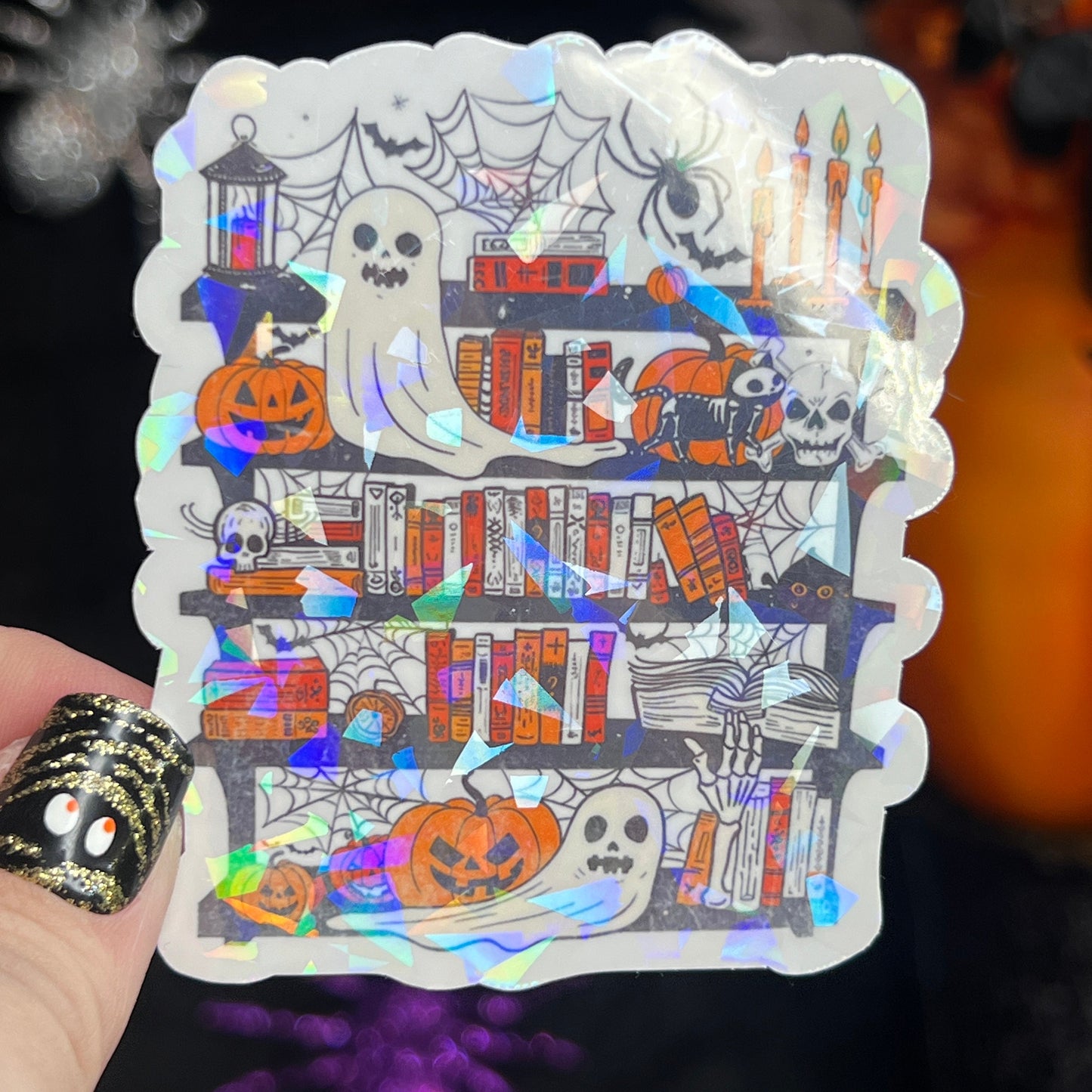 Spooky Ghost Halloween Bookshelf Holographic Sticker Halloween Kindle Decal Spooky Fall Reader Gift Bookish Decal