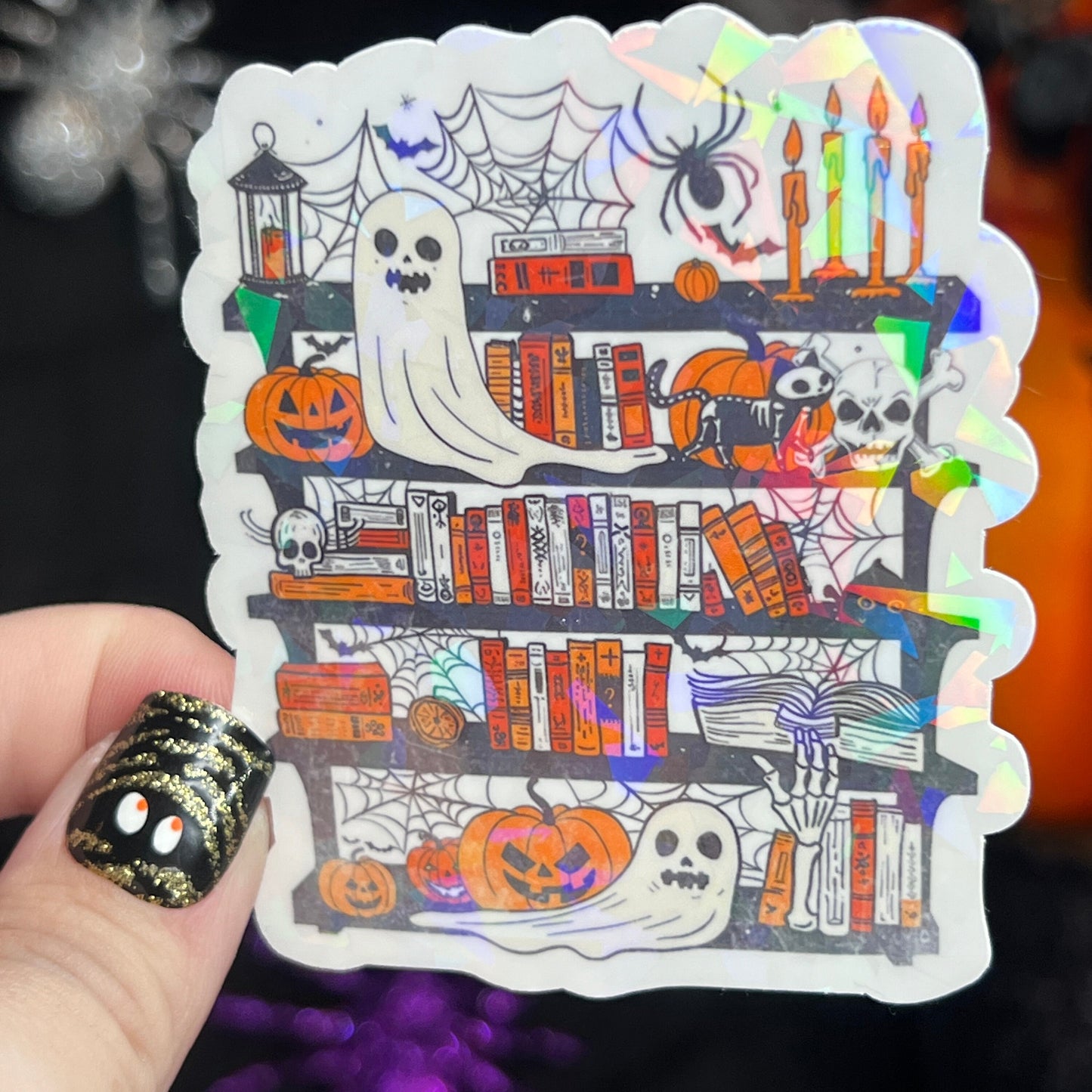 Spooky Ghost Halloween Bookshelf Holographic Sticker Halloween Kindle Decal Spooky Fall Reader Gift Bookish Decal