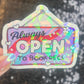 Always Open to Book Recs Sparkly Sticker Holographic Book Book Lover, Spicy Dark Romance, Booktok, kindle waterbottle laptop Romance Decal