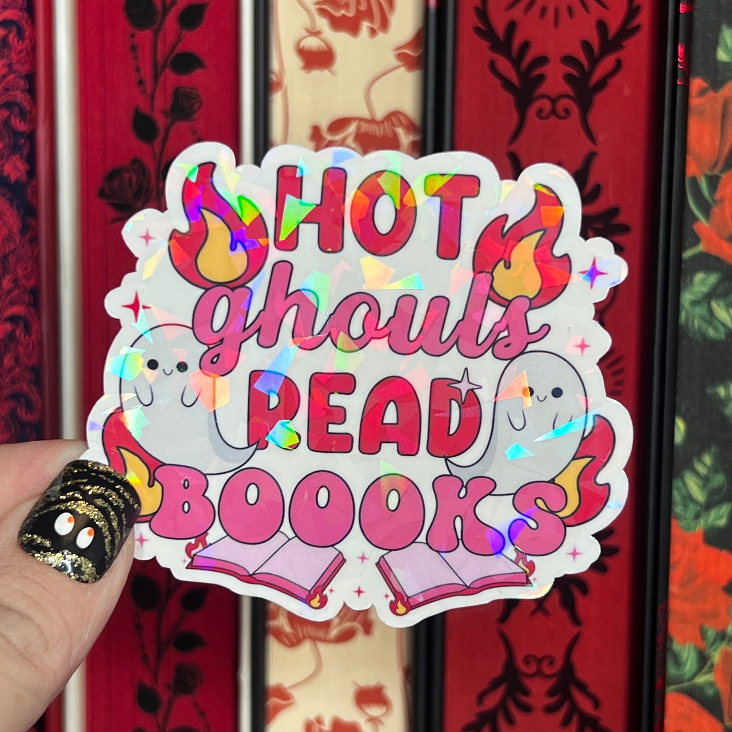 Hot Ghouls Read Books Spooky Pink Halloween Holographic Sticker Sparkly Decal, Spicy Dark Romance kindle waterbottle laptop Bookish Present