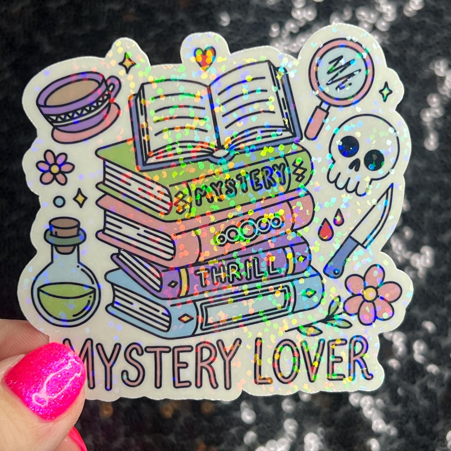 Mystery Lover Holographic Sticker Decal, Cozy Mystery Reads Bookish kindle waterbottle laptop Reader Bookish Present Gift