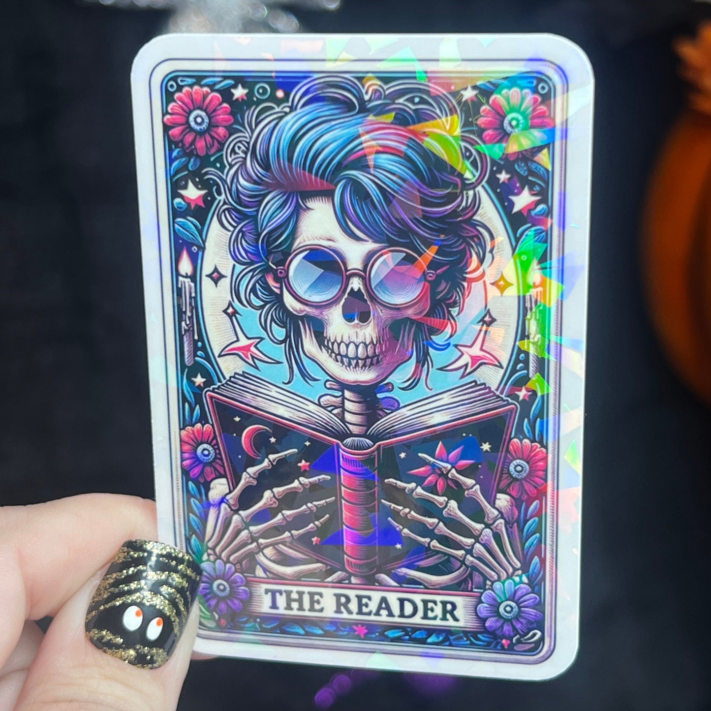 The Reader Tarot Card Sticker Holographic Book Lover Sparkly Decal, Spicy Dark Romance, kindle waterbottle laptop