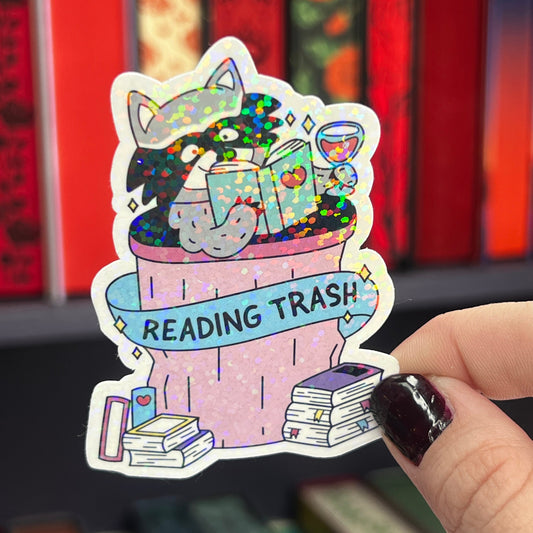 Reading Trash Raccoon Holographic Sticker, Spicy Dark Romance, Booktok, kindle waterbottle laptop stickers Smut decal Funny Reader Bookish c
