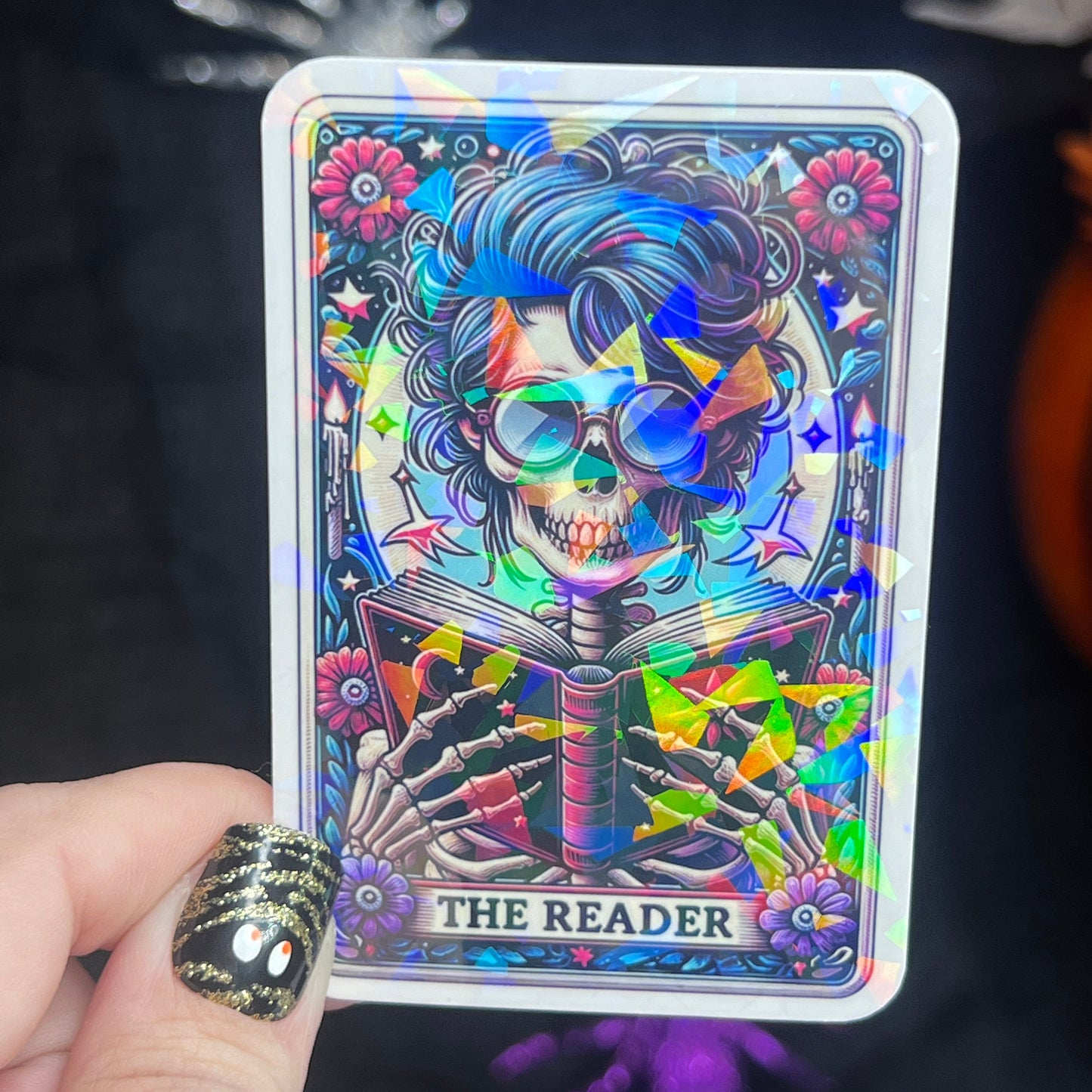 The Reader Tarot Card Sticker Holographic Book Lover Sparkly Decal, Spicy Dark Romance, kindle waterbottle laptop