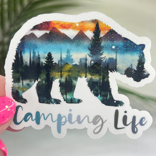 Camping Life Bear Mountain Watercolor Sparkly Sticker Adventure Sticker RV Sticker Outdoor Decal Nature Sticker Travel Hiking Camping