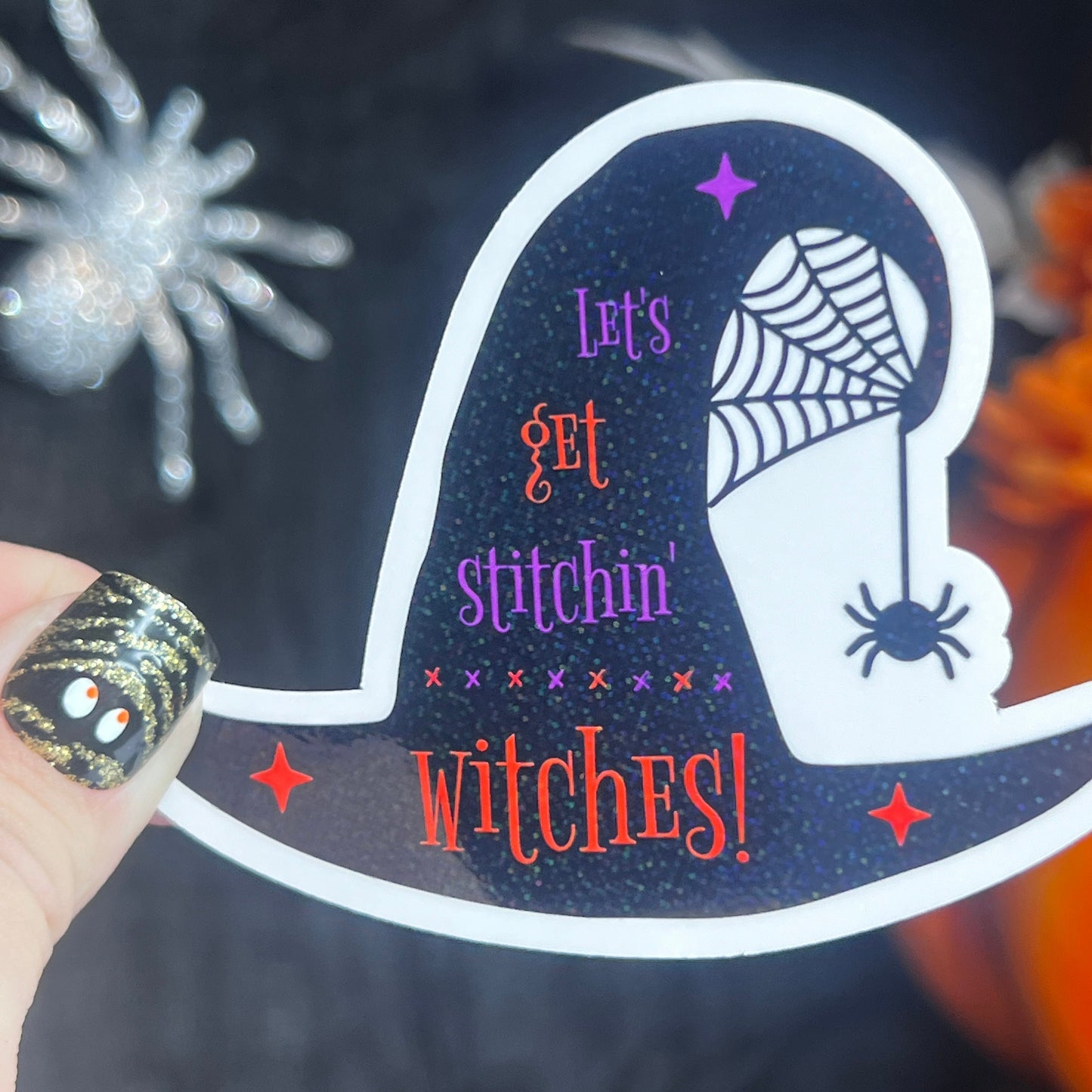 Let's Get Stitchin Witches holographic sticker thimble quilting sticker quilter Halloween decal sewing machine sticker cross stitch sticker
