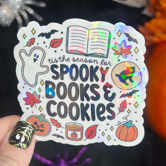 Tis the Season of Spooky Books & Cookies Halloween Holographic Sticker Halloween Kindle Decal Spooky Fall Reader Gift Bookish Decal