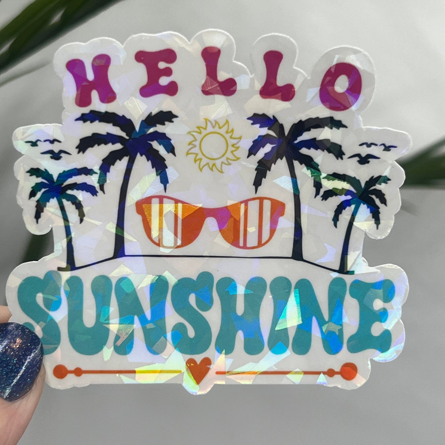 Hello Sunshine Summer Holographic Sparkly Sticker Beach Life Decal Boating Sticker Summer Vacation Ocean Life Sticker Family Cruise