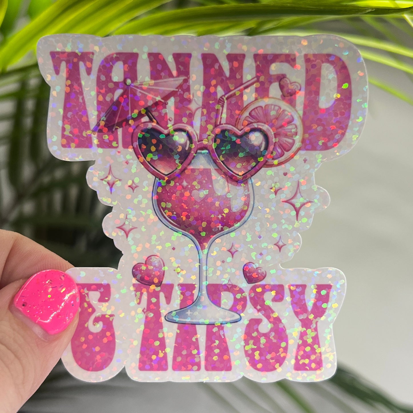 Tanned and Tipsy Pink Retro Holographic Sparkly Sticker Beach Life Decal Boating Sticker Summer Vacation Ocean Life Sticker Family Cruise