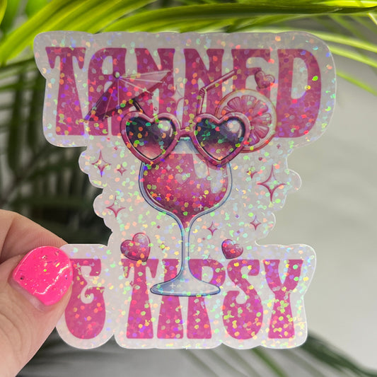 Tanned and Tipsy Pink Retro Holographic Sparkly Sticker Beach Life Decal Boating Sticker Summer Vacation Ocean Life Sticker Family Cruise
