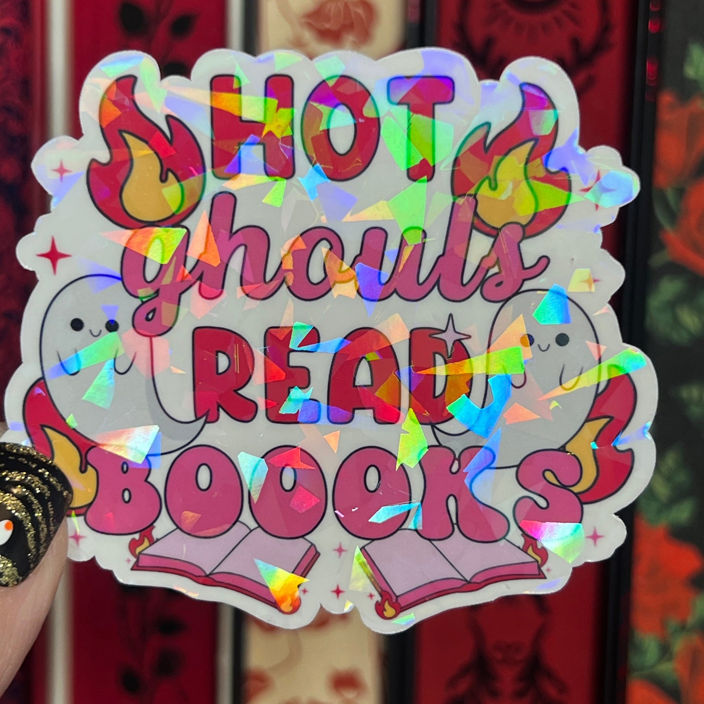 Hot Ghouls Read Books Spooky Pink Halloween Holographic Sticker Sparkly Decal, Spicy Dark Romance kindle waterbottle laptop Bookish Present